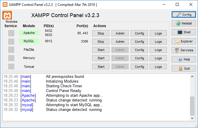 XAMPP uspešno teče - Windows