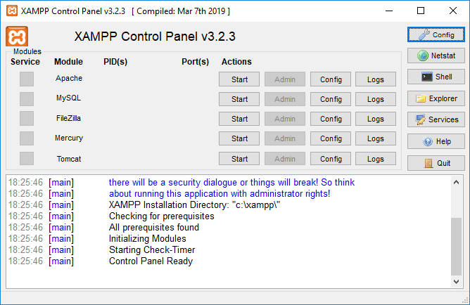 XAMPP nadzorna plošča - Windows